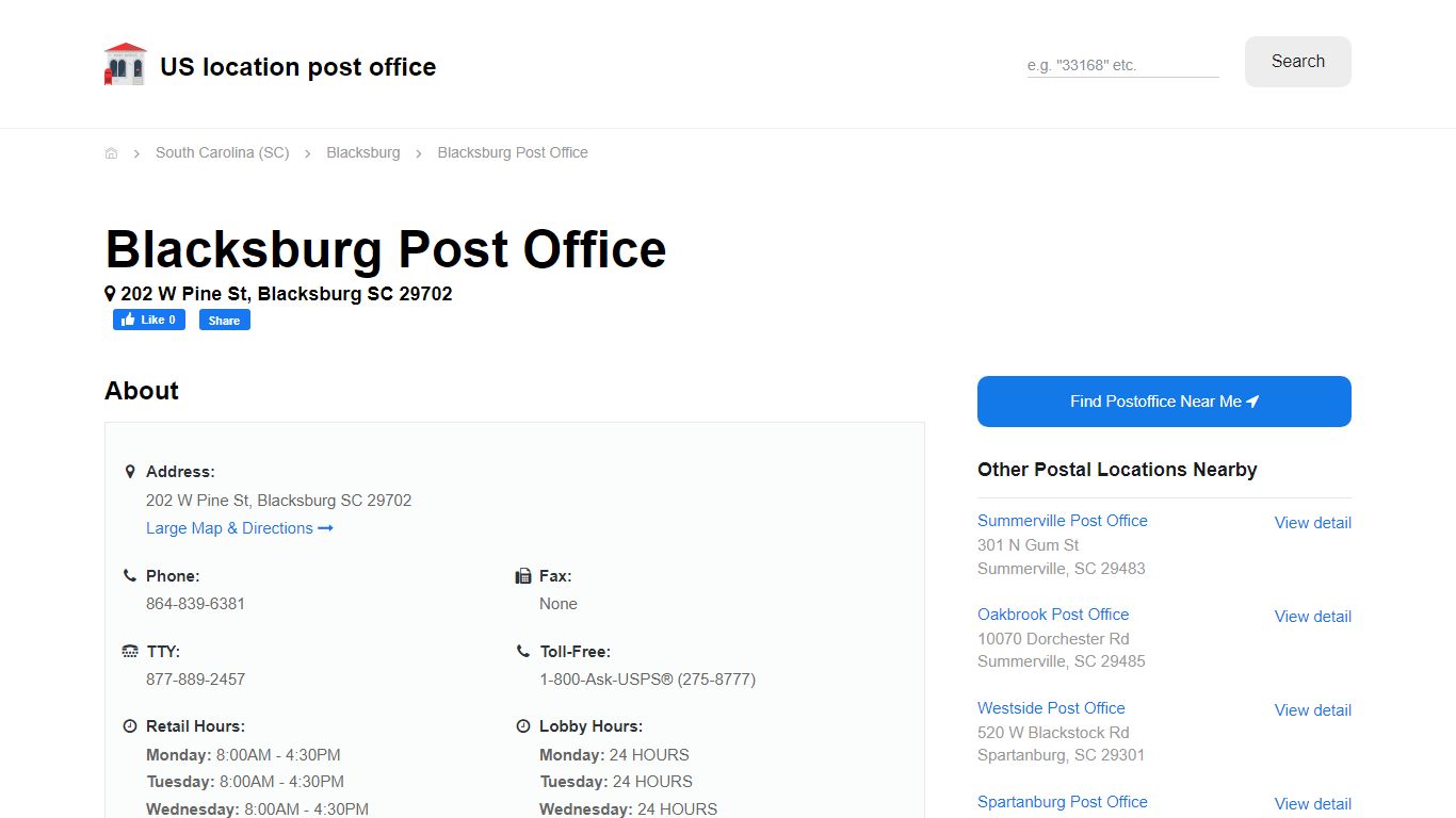 Blacksburg Post Office, SC 29702 - Hours Phone Service and Location